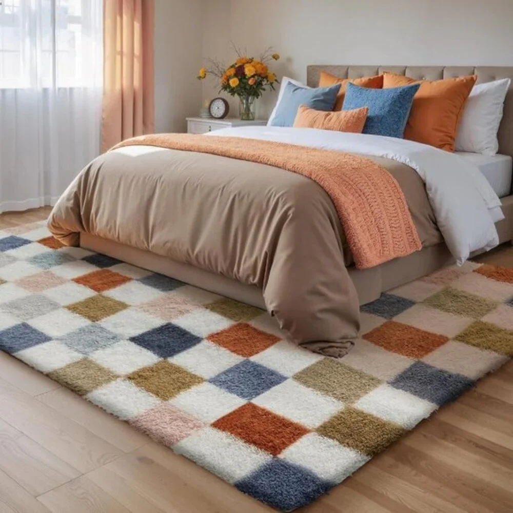 New 8x10 Checkered Rainbow Rug, Washable, Non-Slip, Super Soft Fluffy Carpet